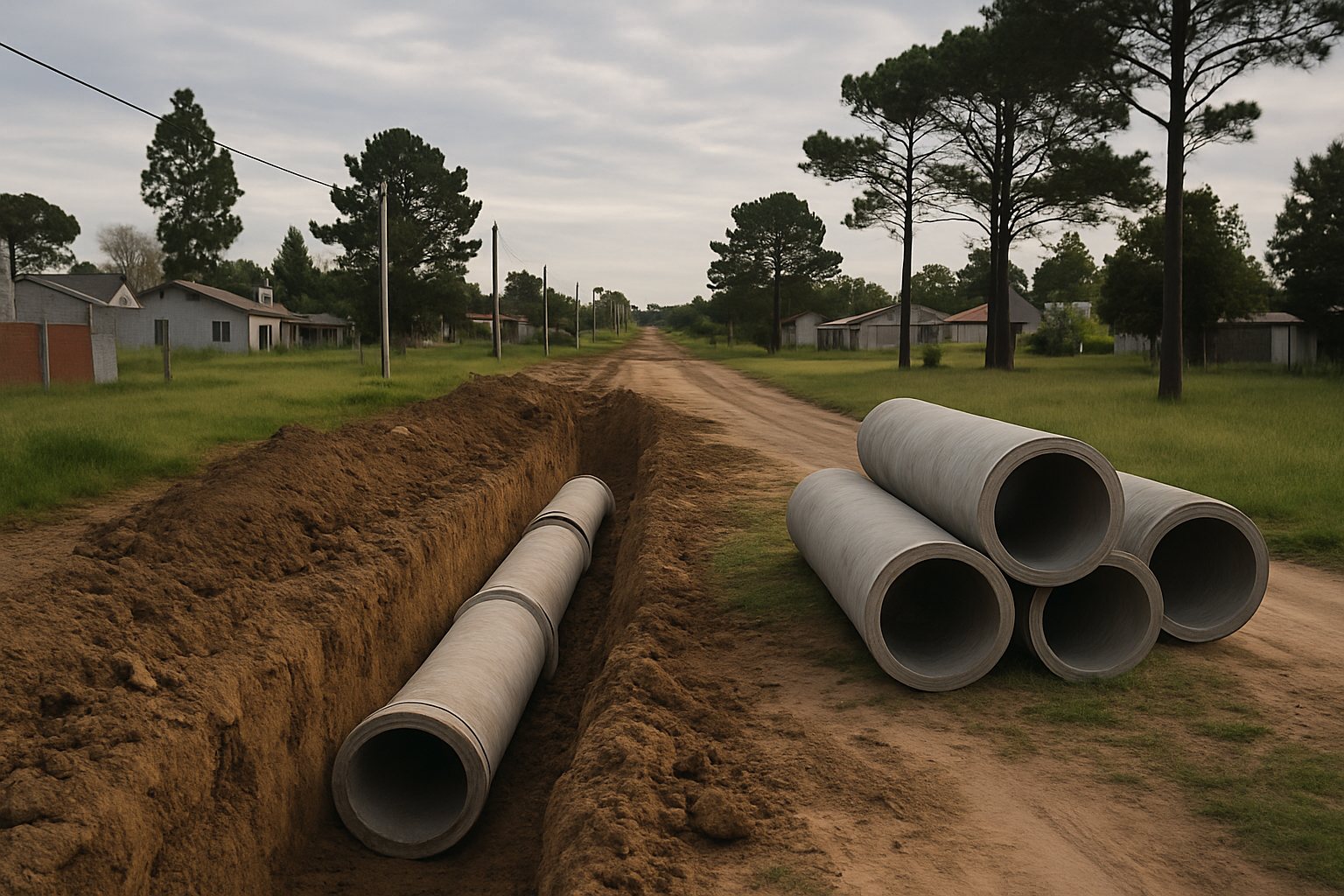Zanja y caños para una obra cloacal junto a una calle y lotes residenciales, en una escena ilustrativa.